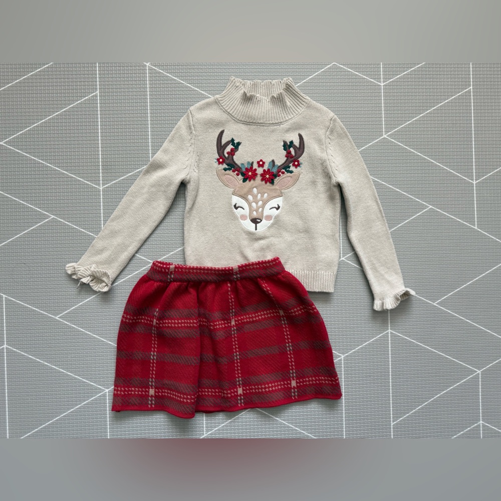 Cynthia Rowley|Baby girl/toddler whimsical Boho Reindeer Sweater & Plaid Skirt•